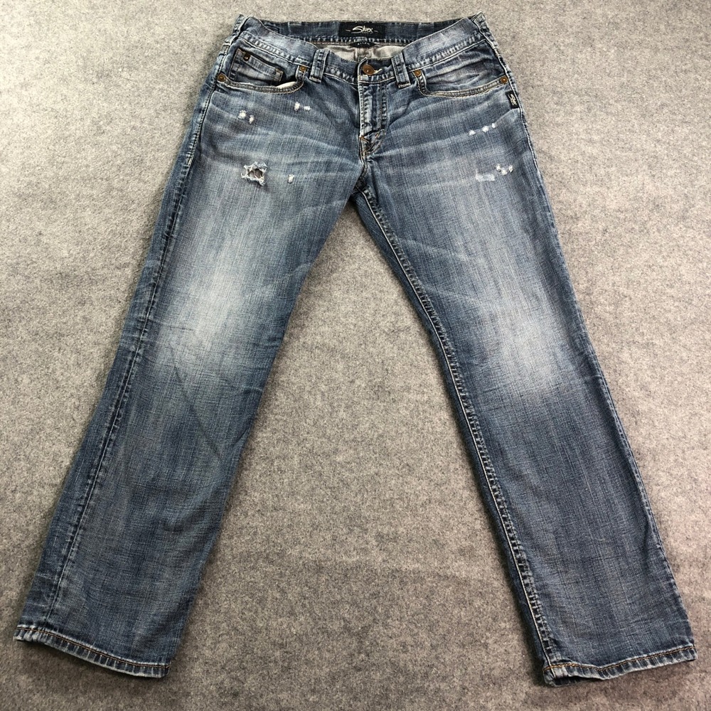 Silver Jeans Mens Allan Slim Straight Jeans 34x32 Distressed Medium Wash Blue